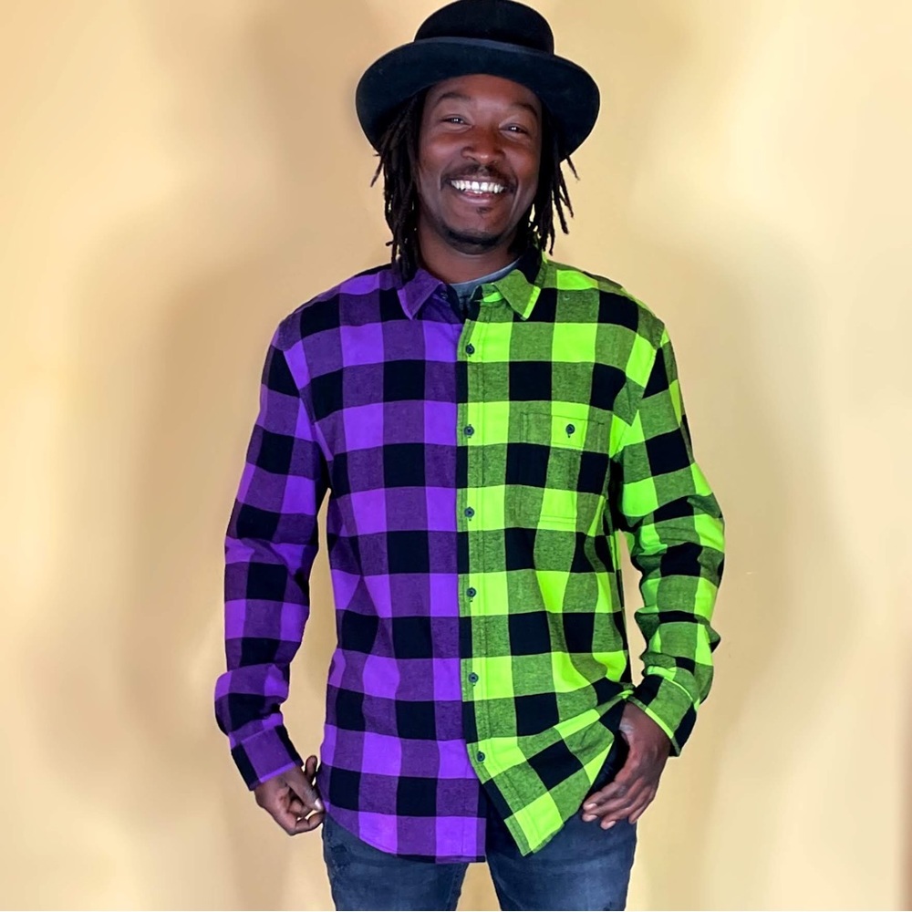 Purple Neon Green Flannel Shirt Tie Dye Punk Grunge Hippie Festival Plaid Shirt